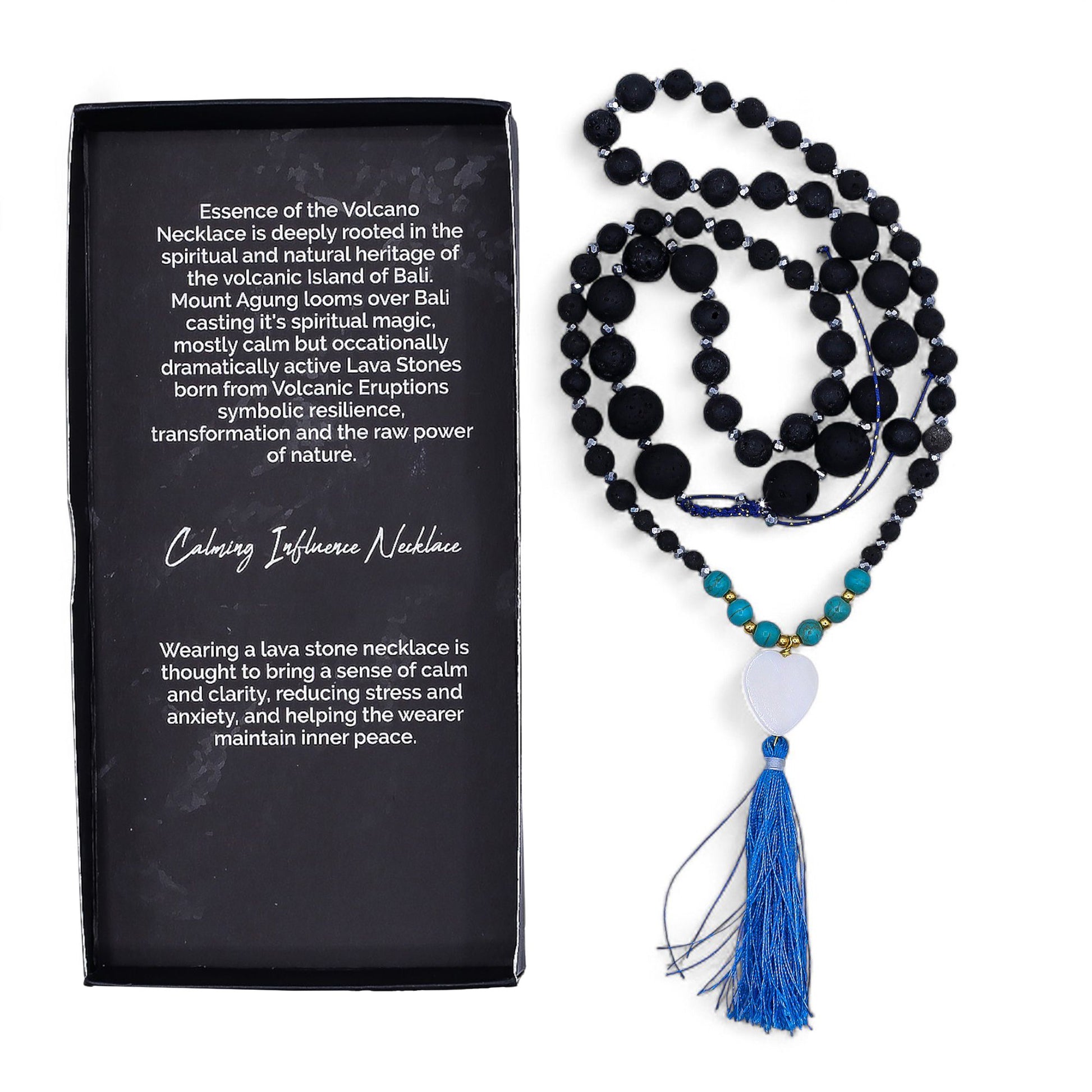 Black and blue beaded necklace with tassel next to a black card with text about the necklace.