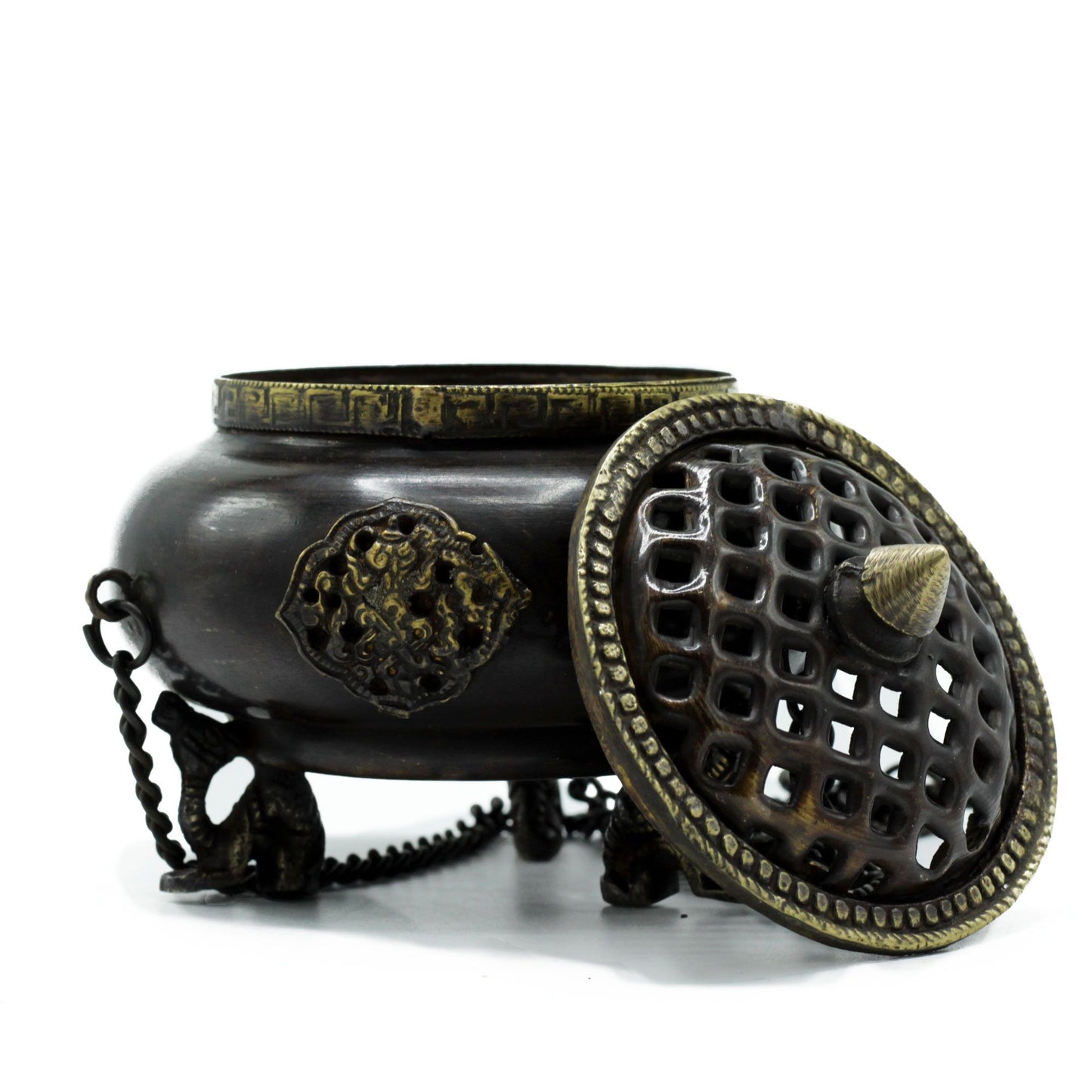 Large Brass Tibetan Burner - Four Symbol Hanging Pot view with lid removed