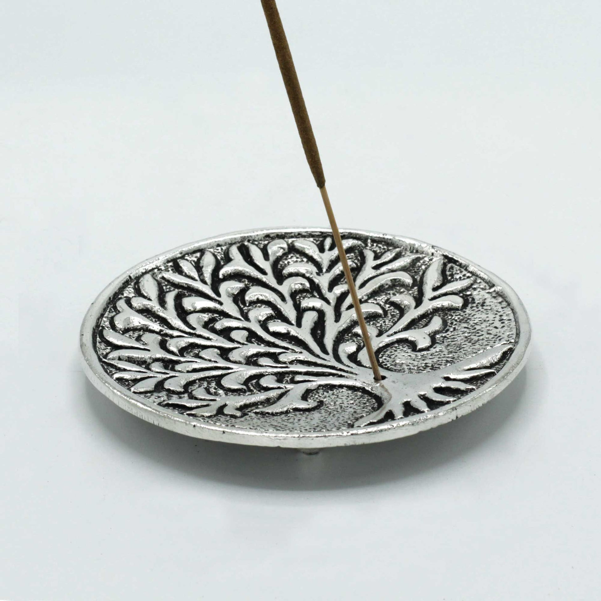 Polished Aluminium Tree of Life Incense Holder with a stick of incense