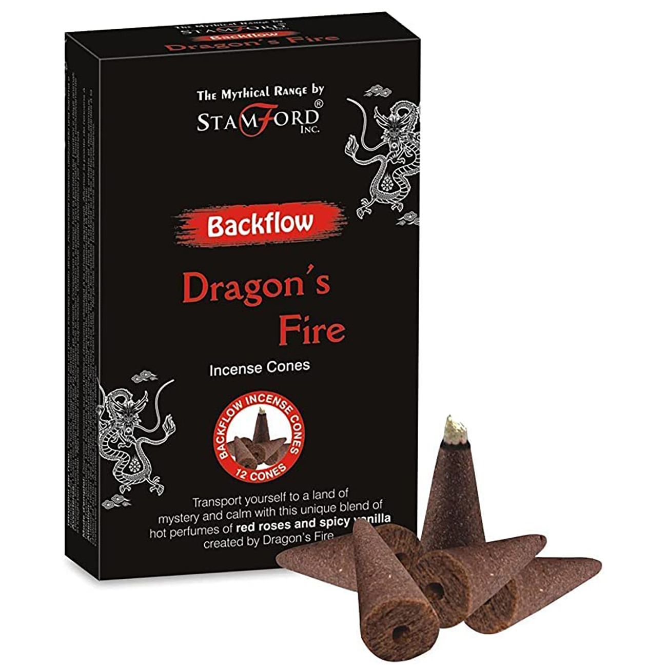 Stamford Dragon's Fire Backflow incense cones packaging with cones displayed in front