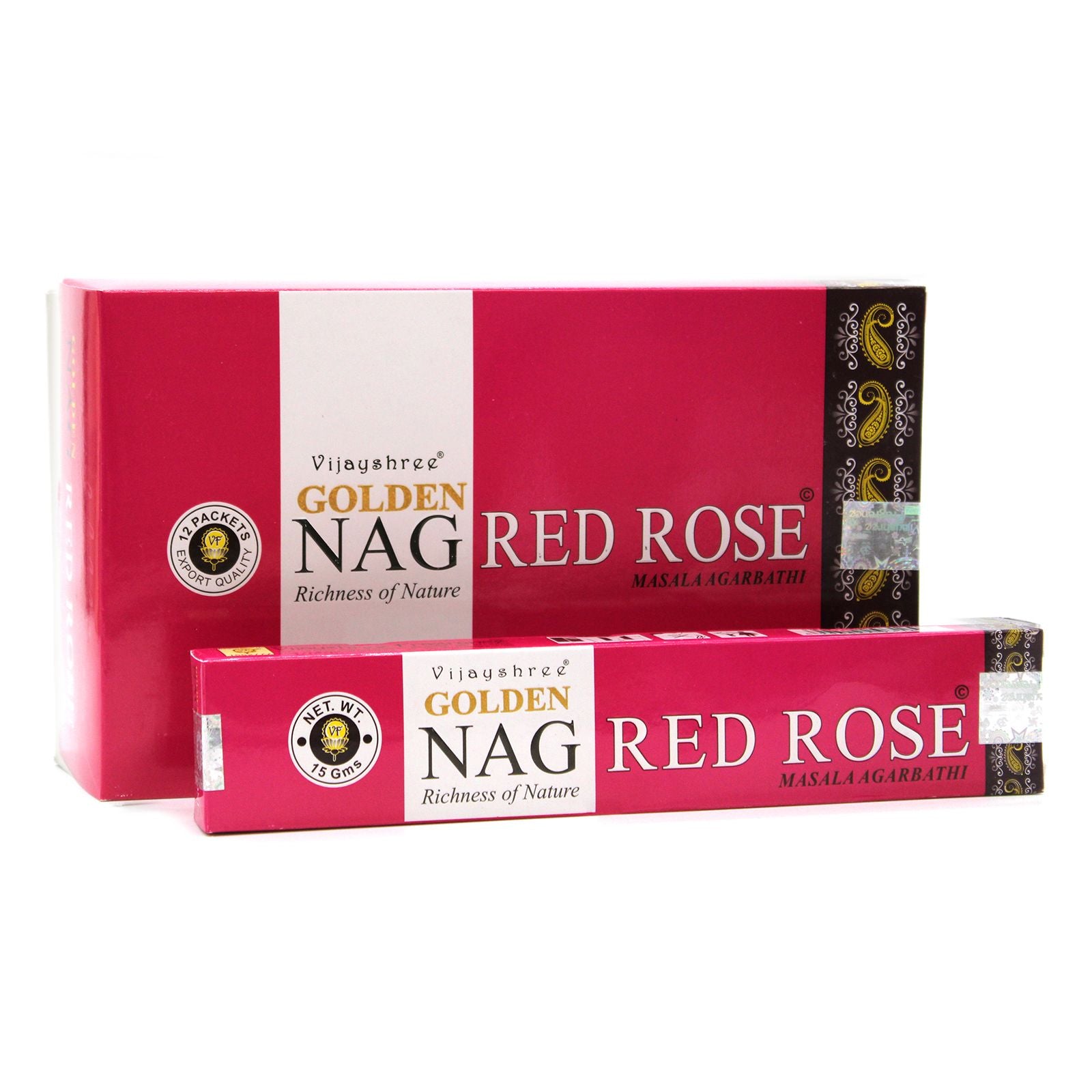 Golden Nag Red Rose incense sticks on a white background