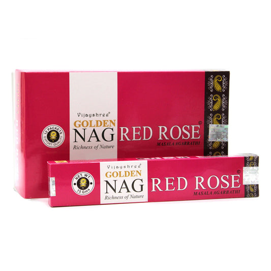 Golden Nag Red Rose incense sticks on a white background