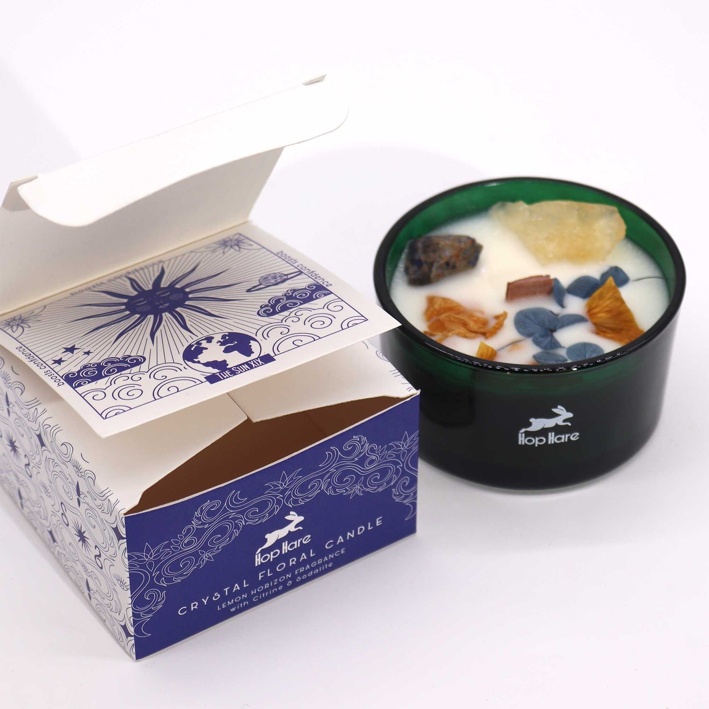 Hop Hare Crystal Magic Flower Candle - The Sun ith packaging