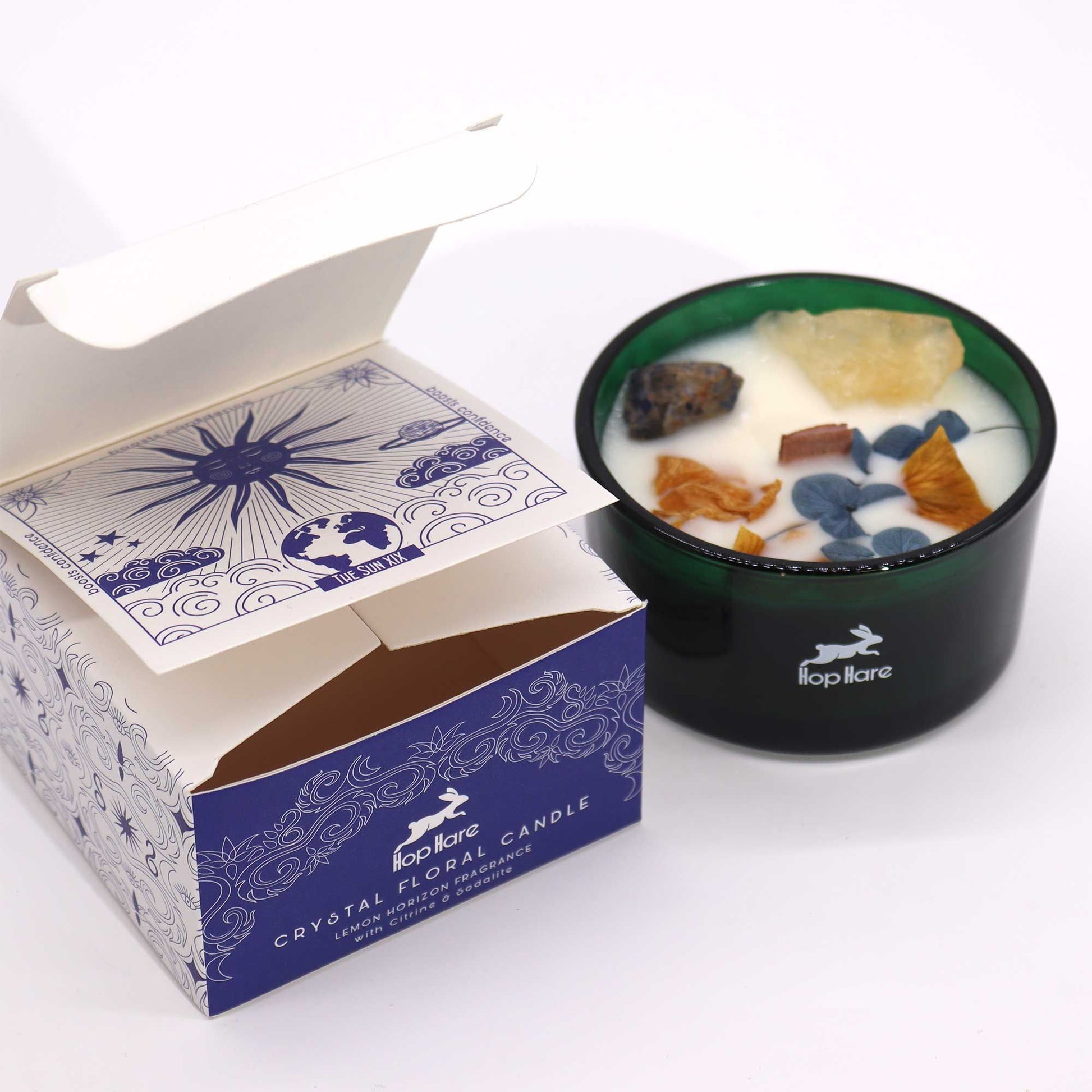 Hop Hare Crystal Magic Flower Candle - The Sun ith packaging