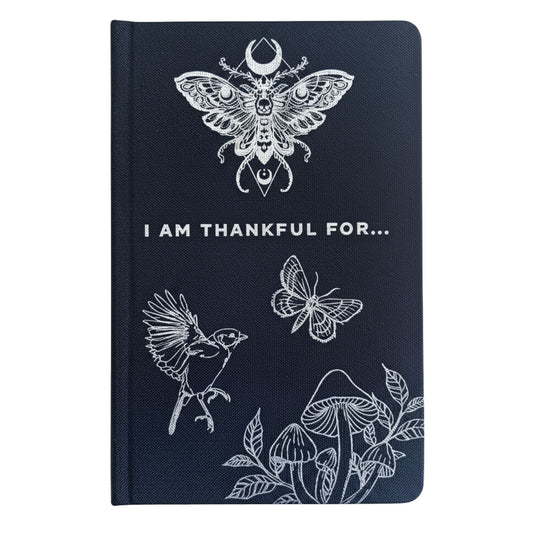 Black Gratitude Journal with Silver Lining - 120 pages - I am Thankful For (front view)