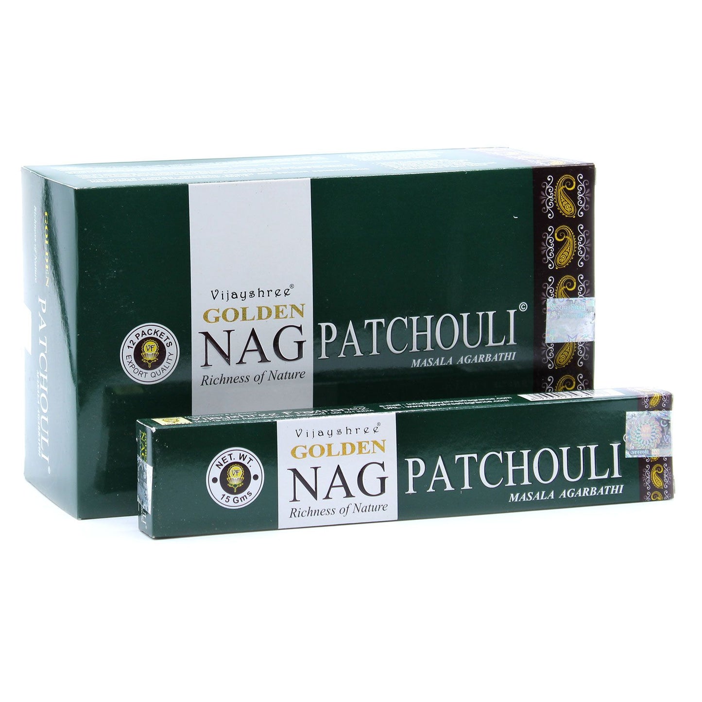 Two boxes of Golden Nag Patchouli incense on a white background