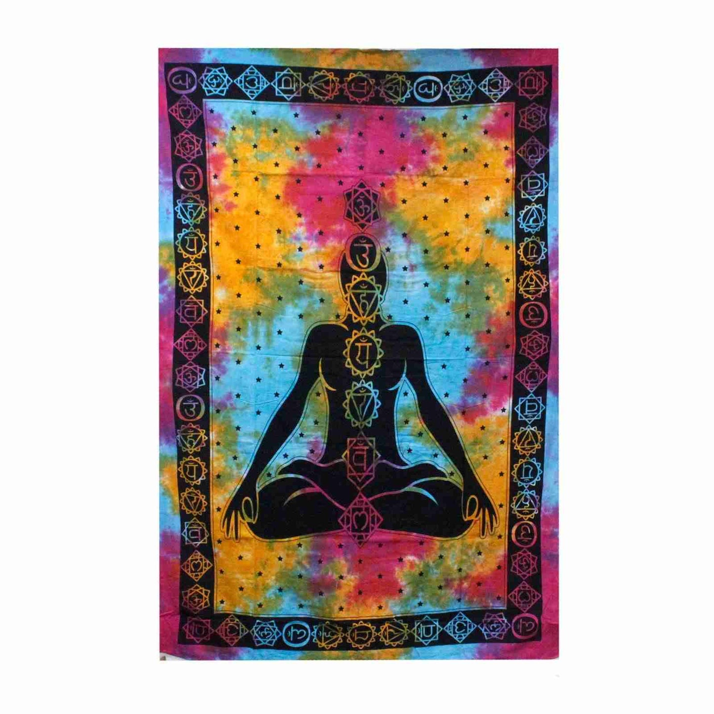 Double Cotton Bedspread / Wall Hanging - Chakra Buddha on a white background.
