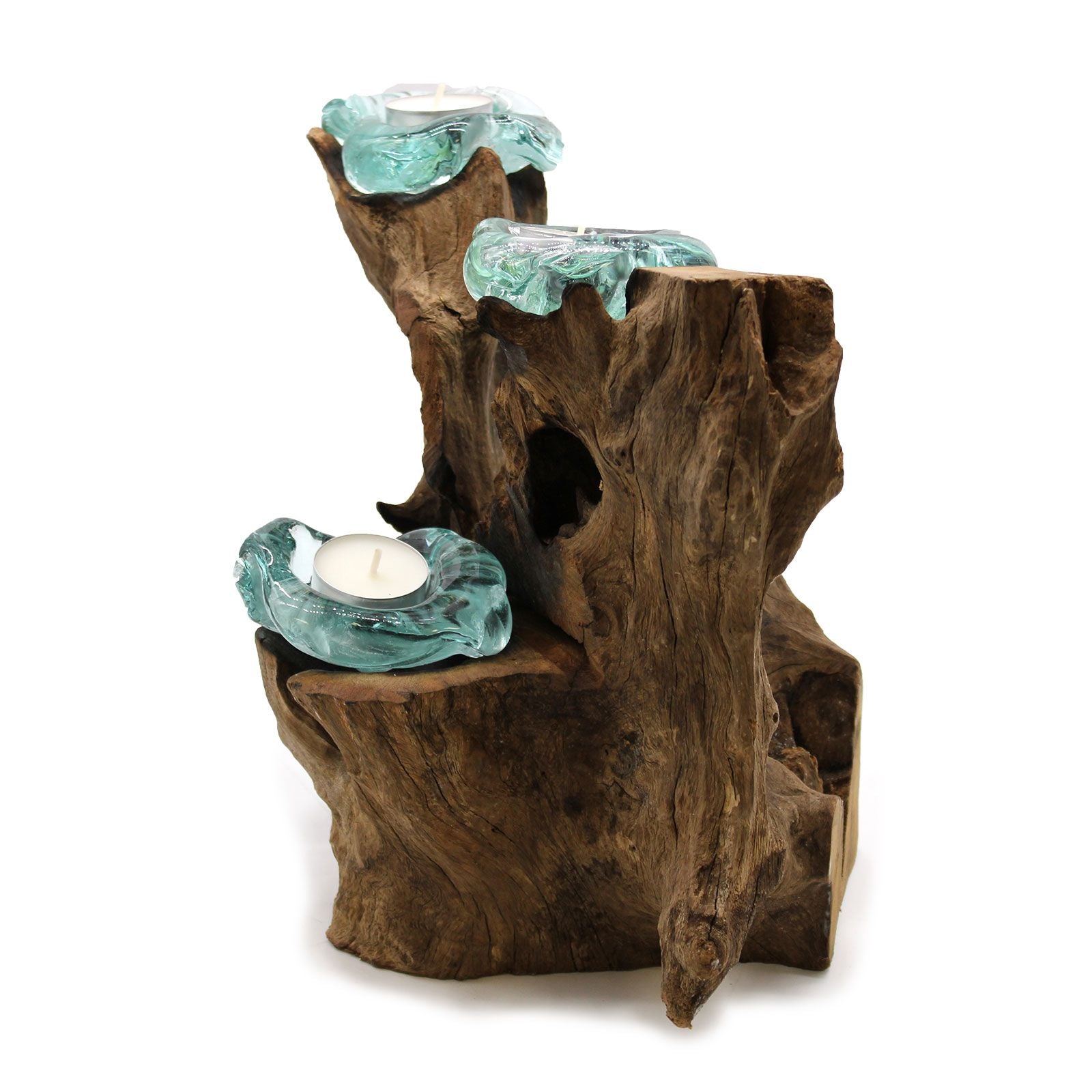 Decorative candle holder with natural wood design and teal glass accents on a white background
