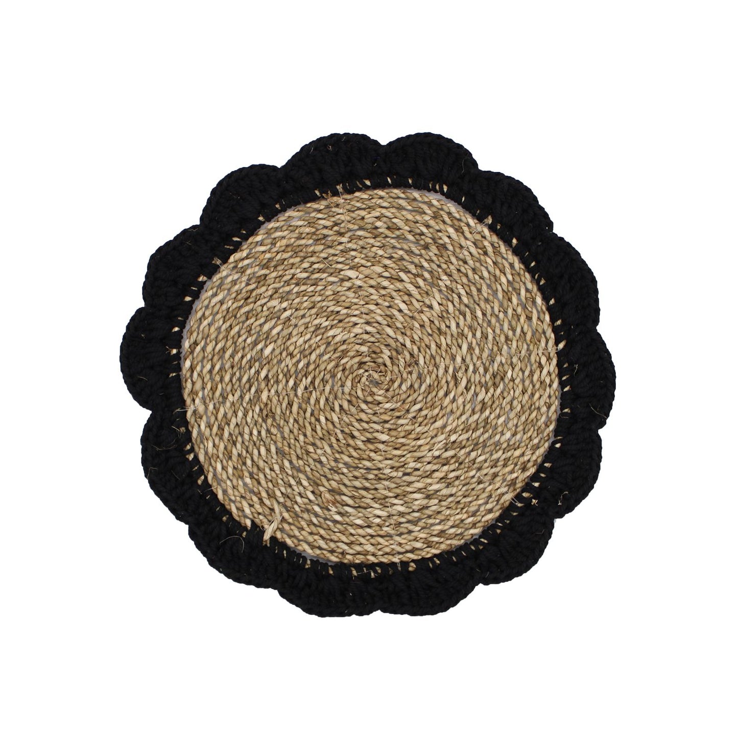 Round woven Natural Wall Art - Kribo Collection with black rim on a white background