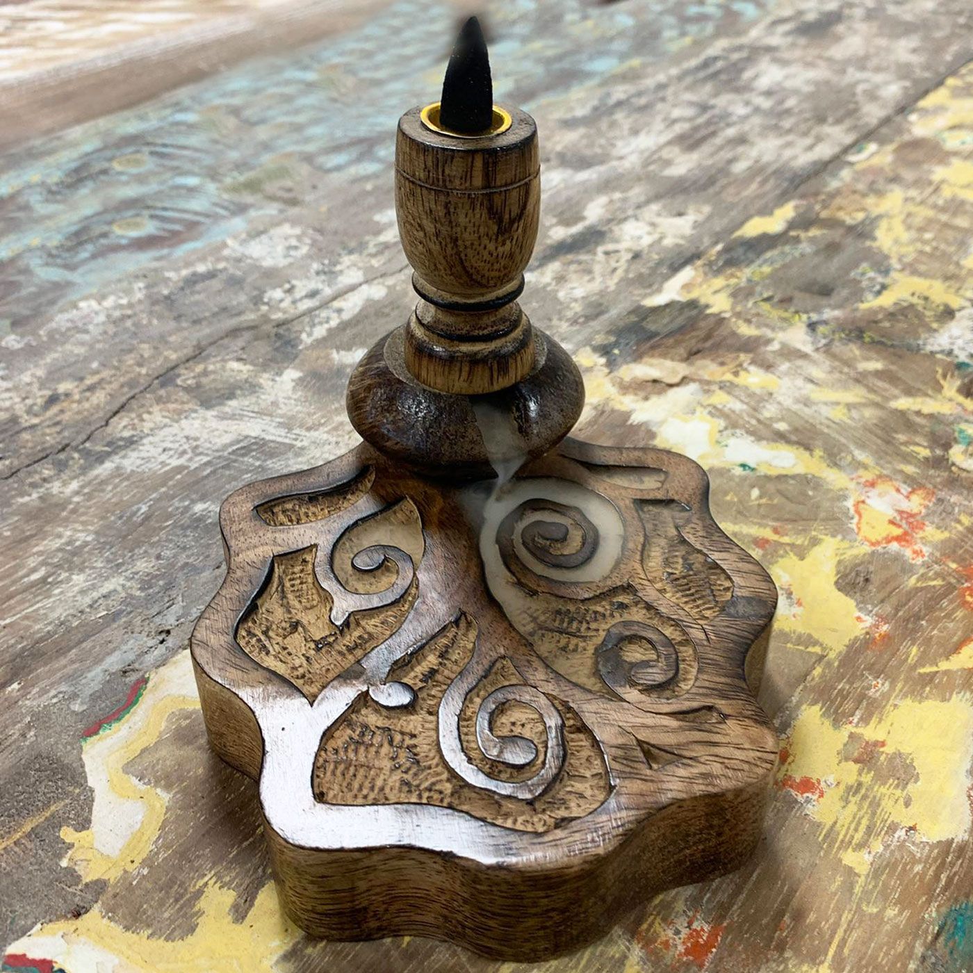 Small Mango Wood Backflow Burner - Tree of Life, working view of smoke