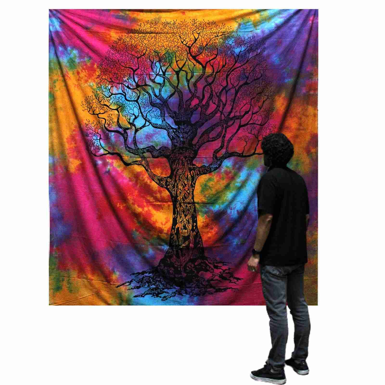 Person standing in front of a Double Cotton Bedspread / Wall Hanging - Winter Tree