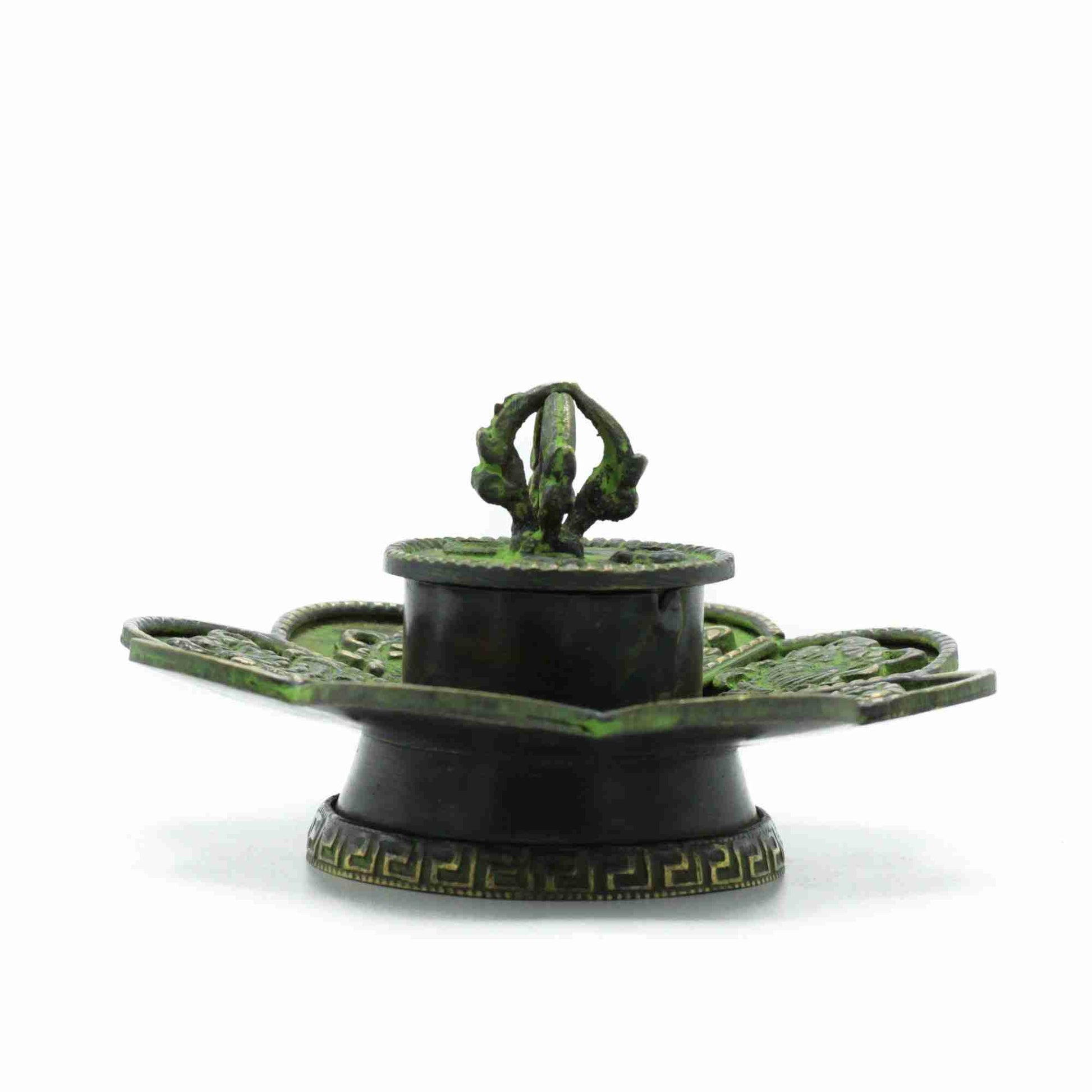 Brass Verdigris Tibetan Cone & Incense Holder - Eight Symbols