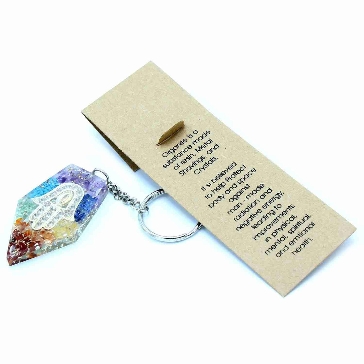 Orgonite Power Keyring - Gemstone Chakra Hamsa with information card