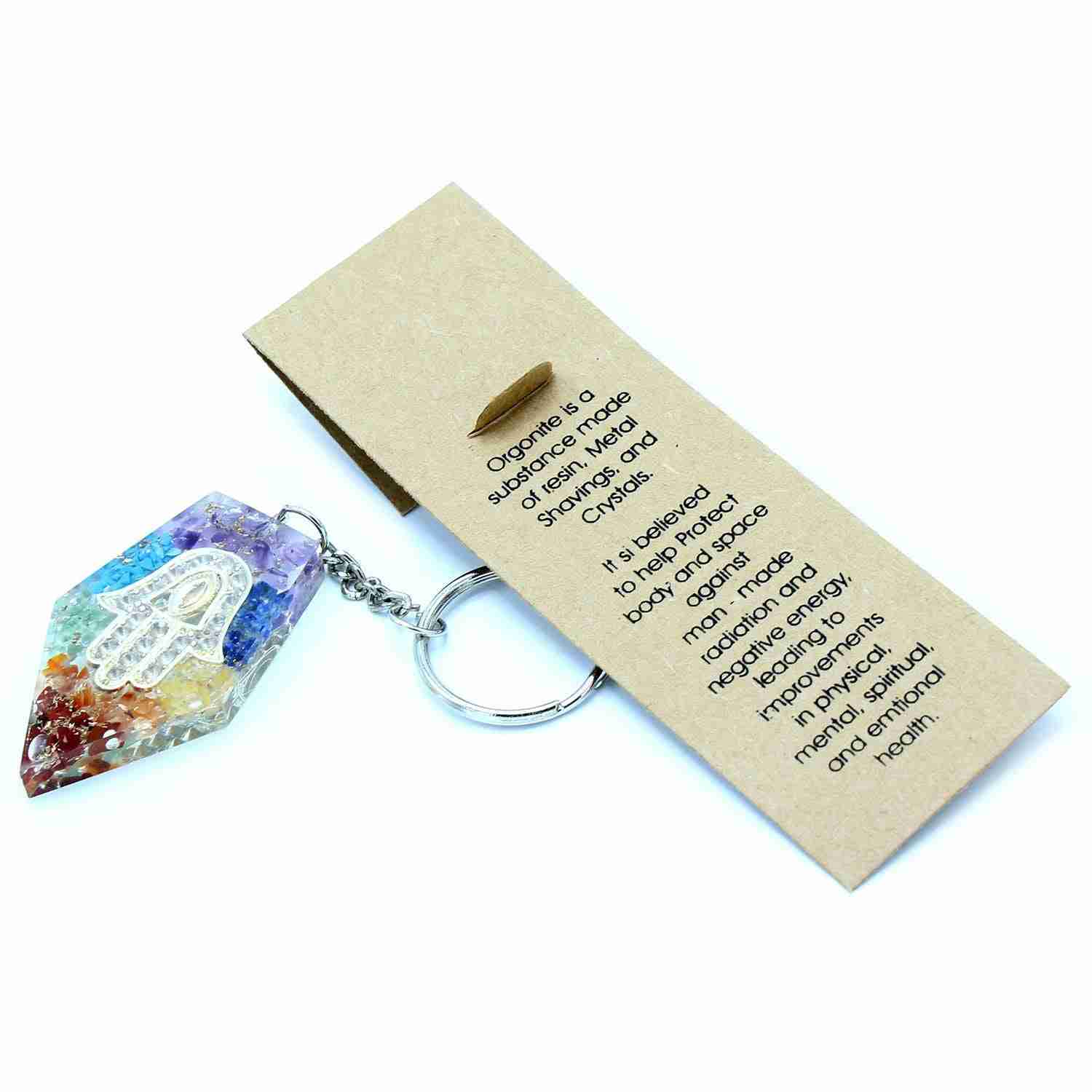 Orgonite Power Keyring - Gemstone Chakra Hamsa with information card