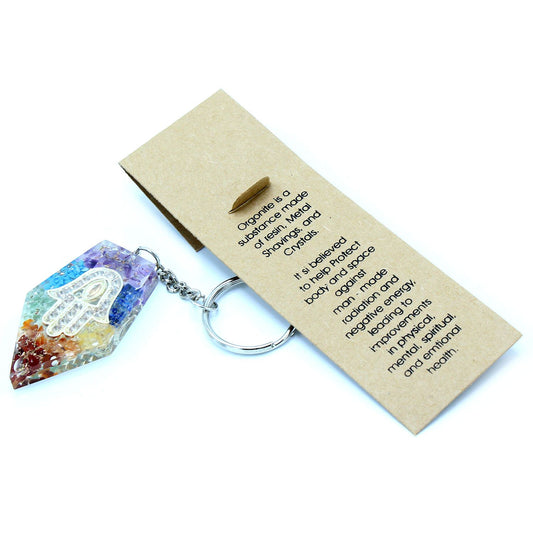 Orgonite Power Keyring - Gemstone Chakra Hamsa with information card