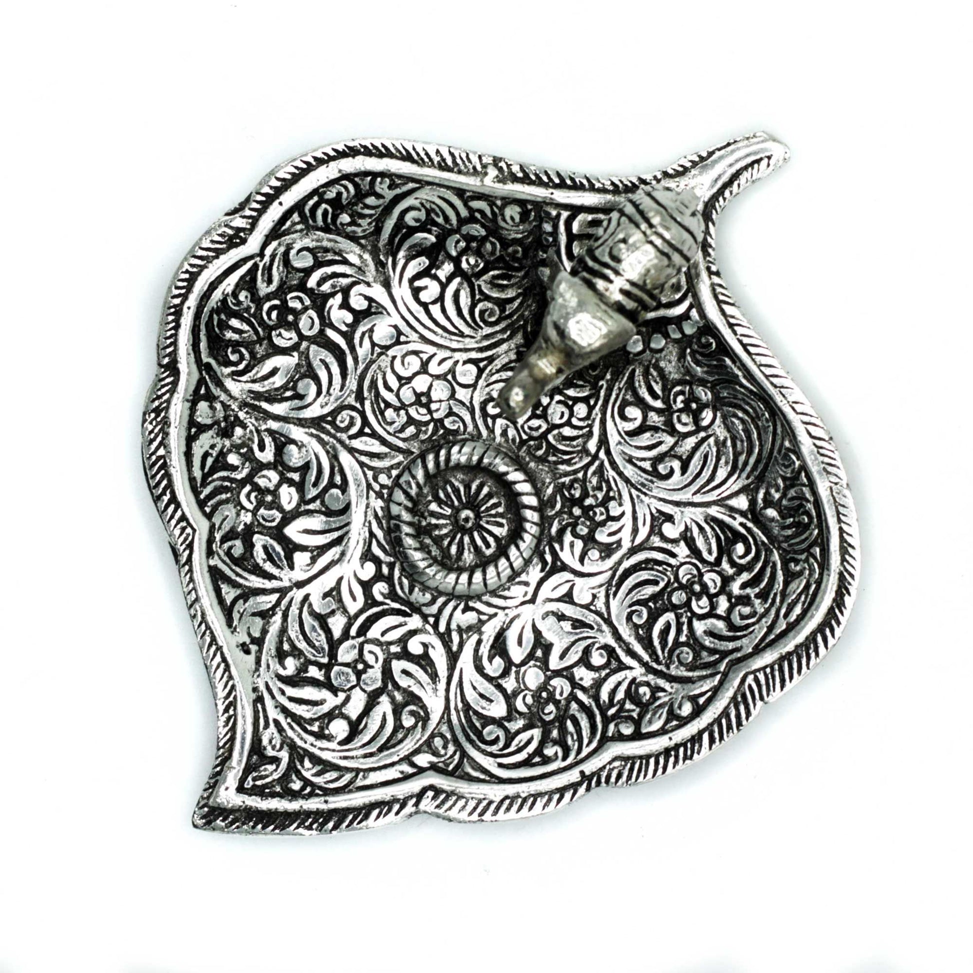 Polished Aluminium Elephant Leaf Incense Holder on a white background
