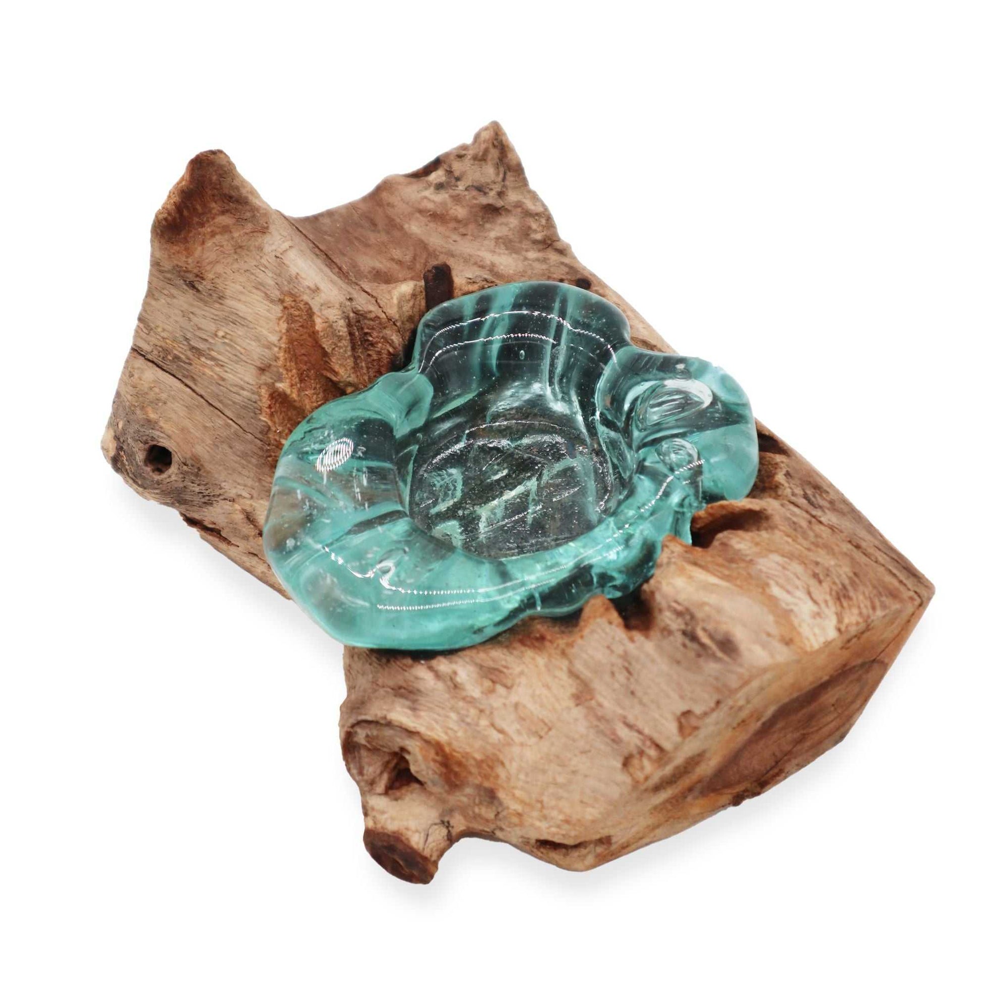 Molten Glass Candle Single Holder on Wood top view on a white background