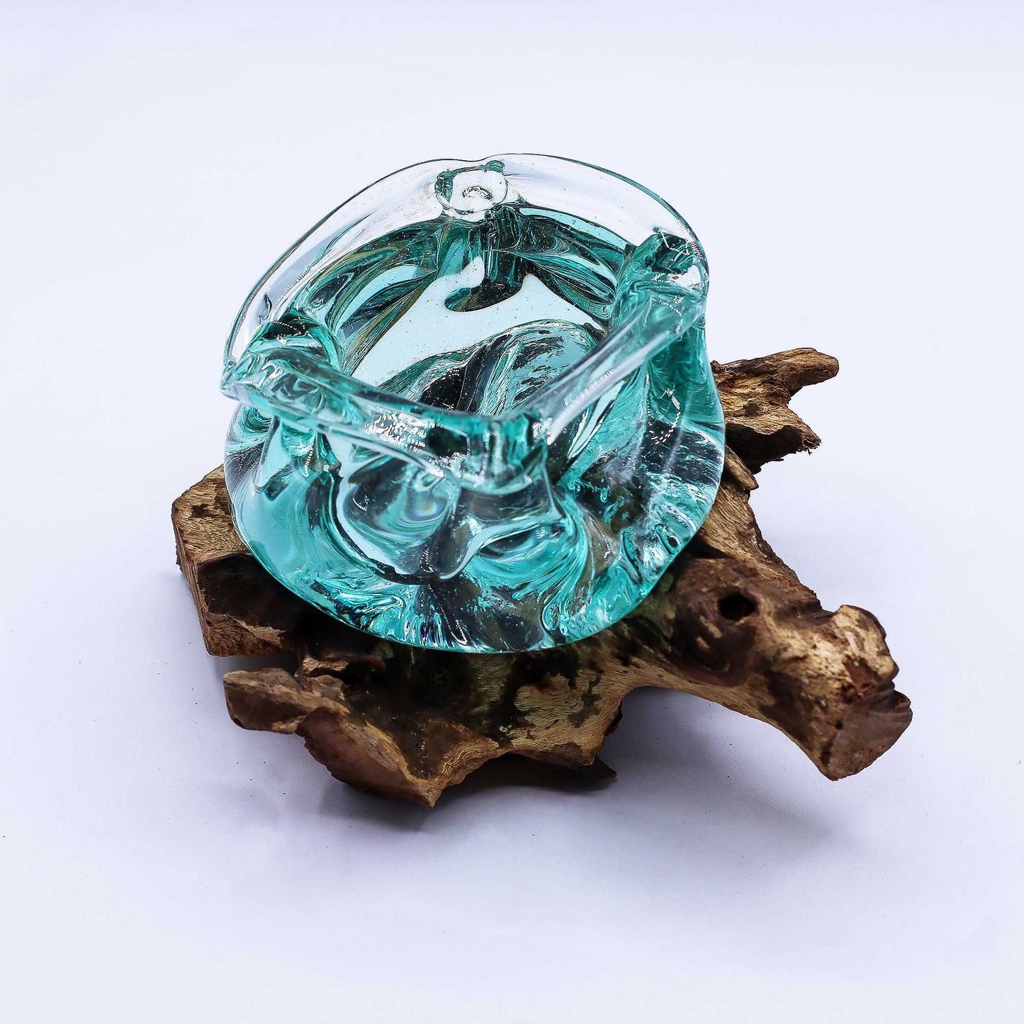 Molten Glass Chunky Ashtray / Candle Holder on Wood 23cm top view on a white background