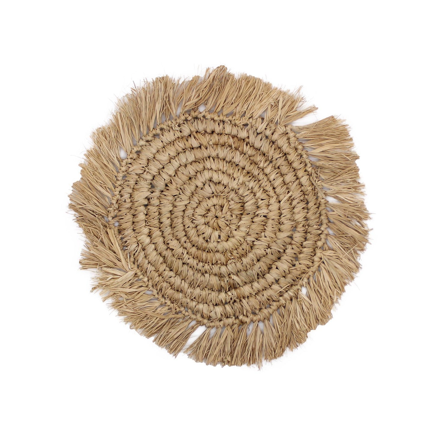 Round woven Natural Wall Art - Kribo Collection  with fringes on a white background