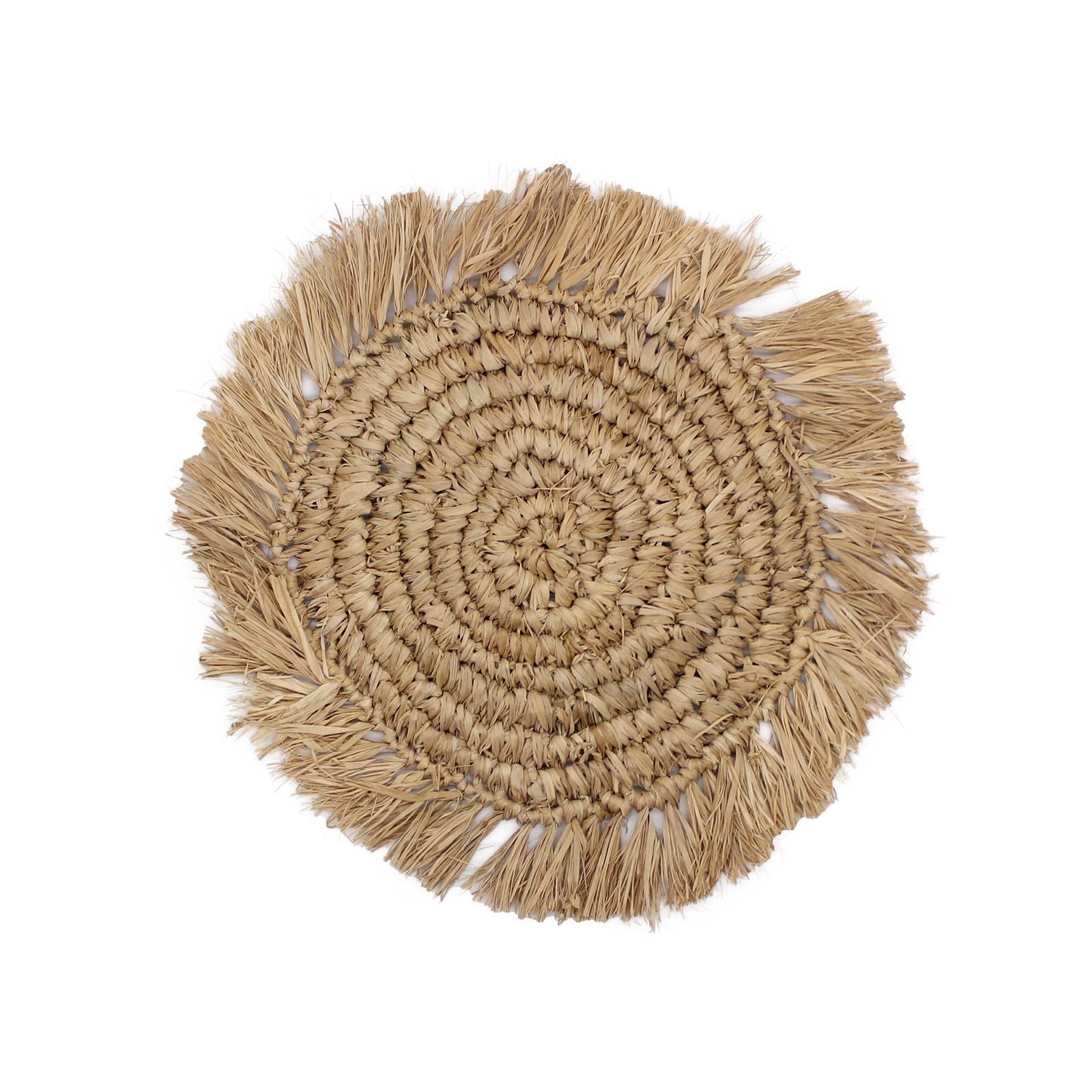Round woven Natural Wall Art - Kribo Collection  with fringes on a white background