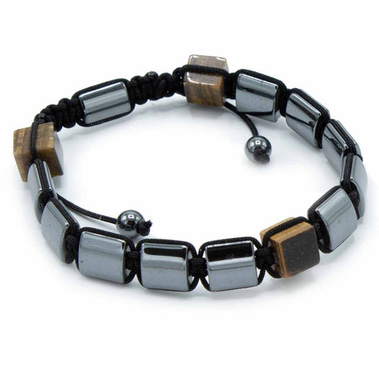 Magnetic Hematite Shamballa Bracelet -  Tiger Eye Cuboids, Full View.