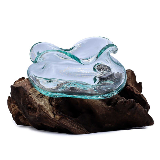 Molten Glass Wavy Bowl on Wood 18cm on a white background
