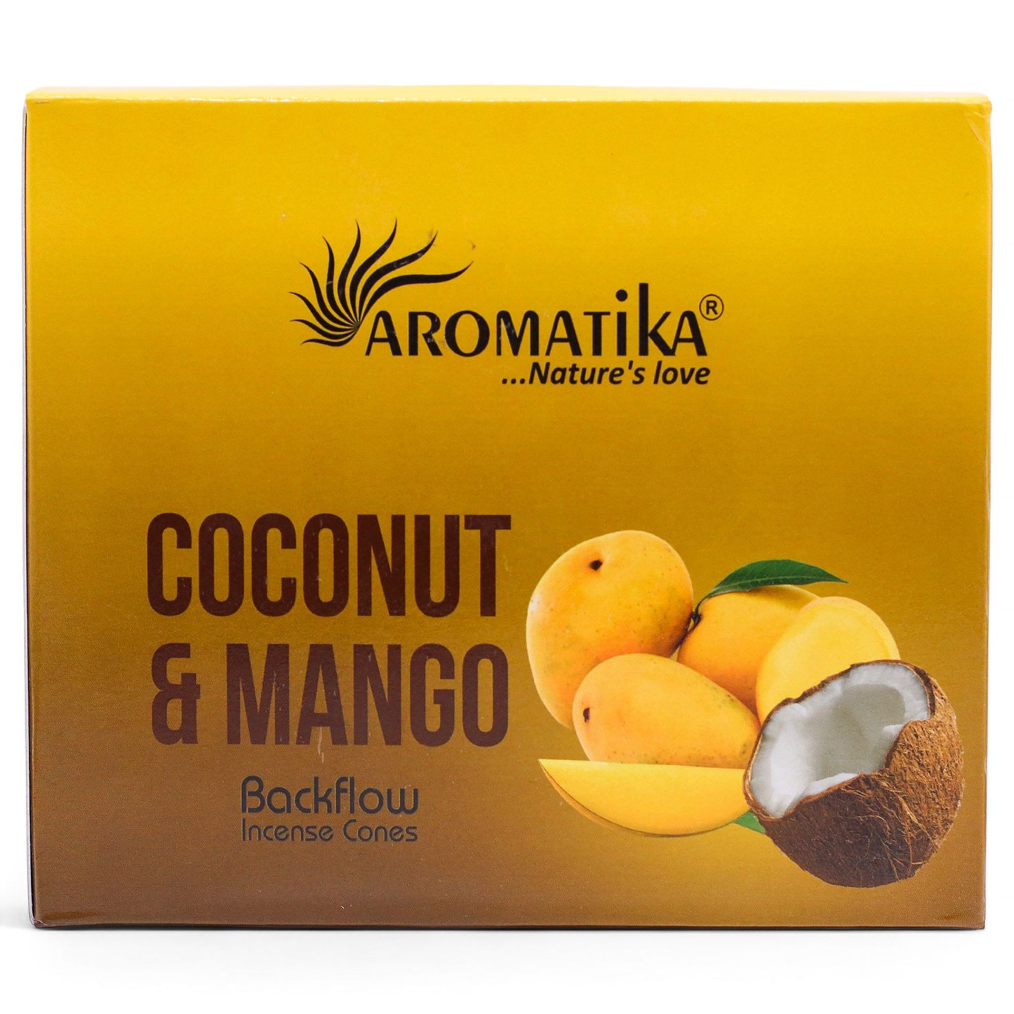 Aromatika Coconut & Mango backflow incense cones packaging on a yellow background