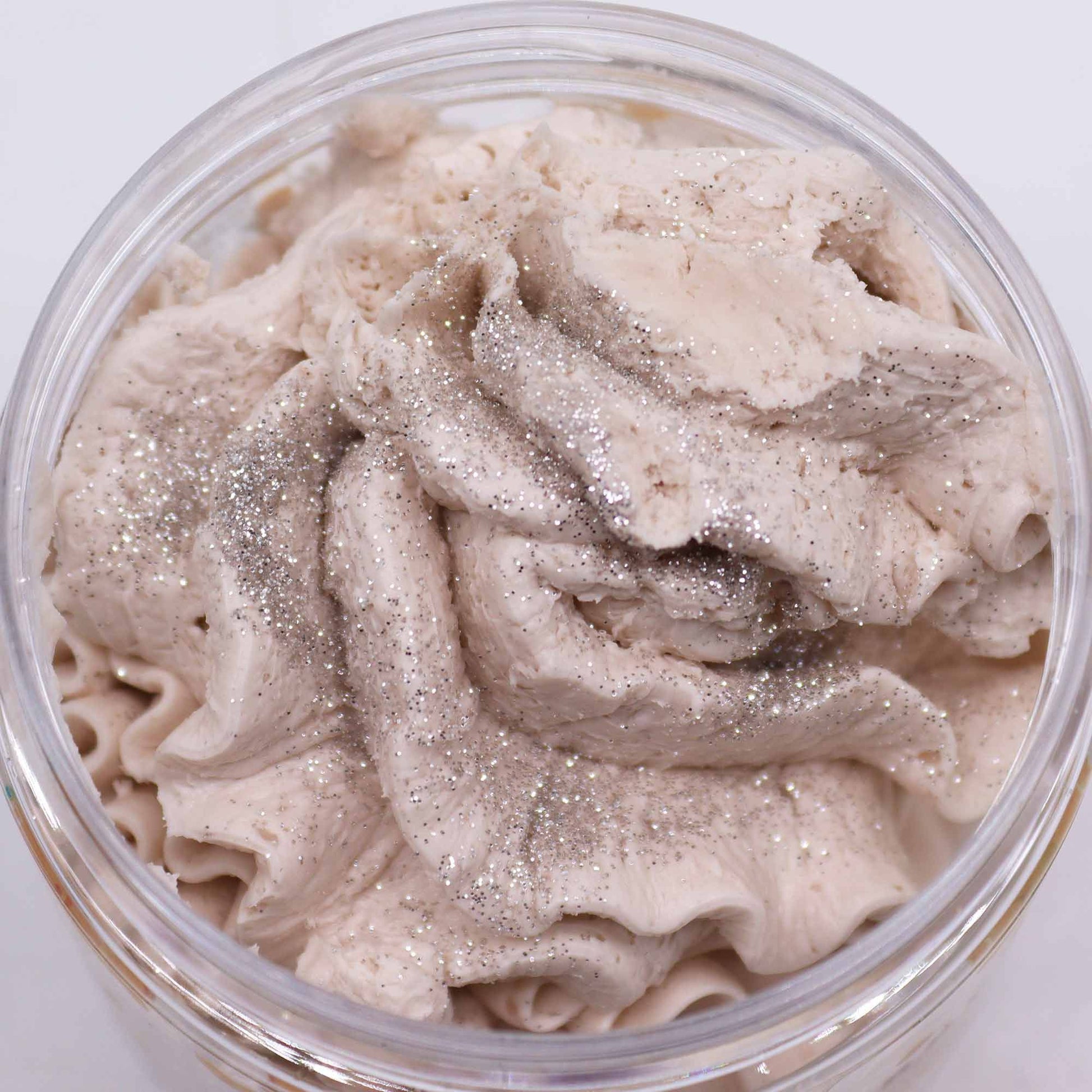 Warm Gingerbread Whipped Soap 120g clear tub. Lid of view.