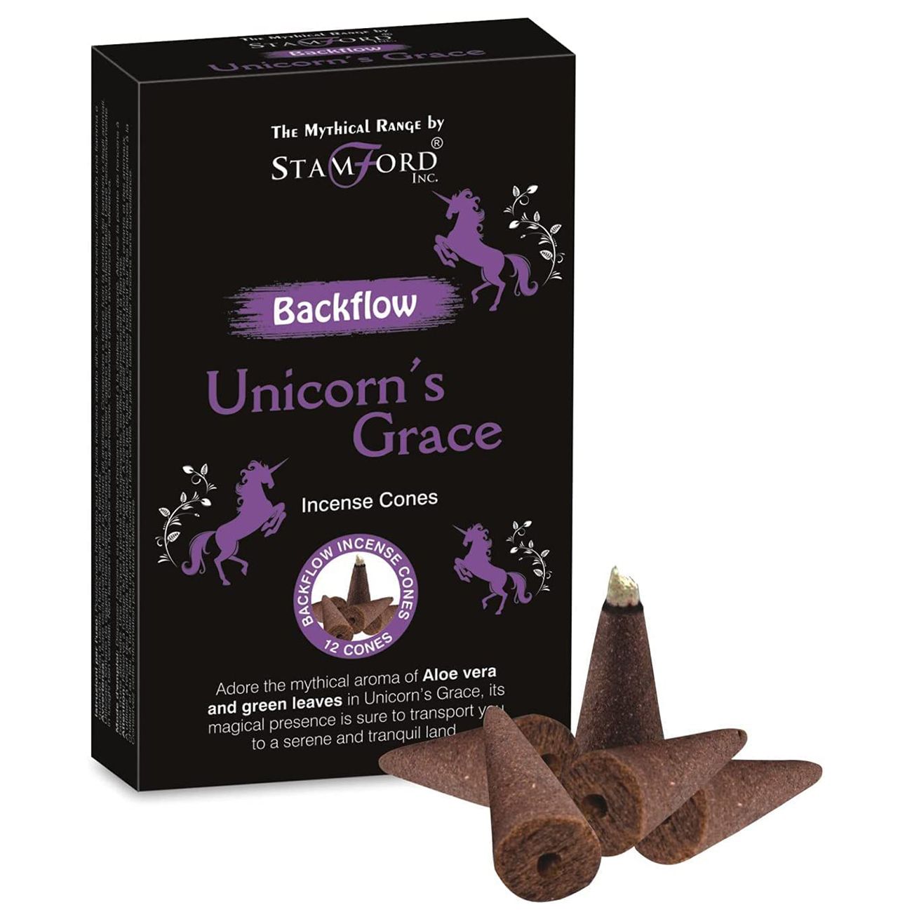 Box of Stamford Incense Cones with 'Unicorn's Grace' design on a white background