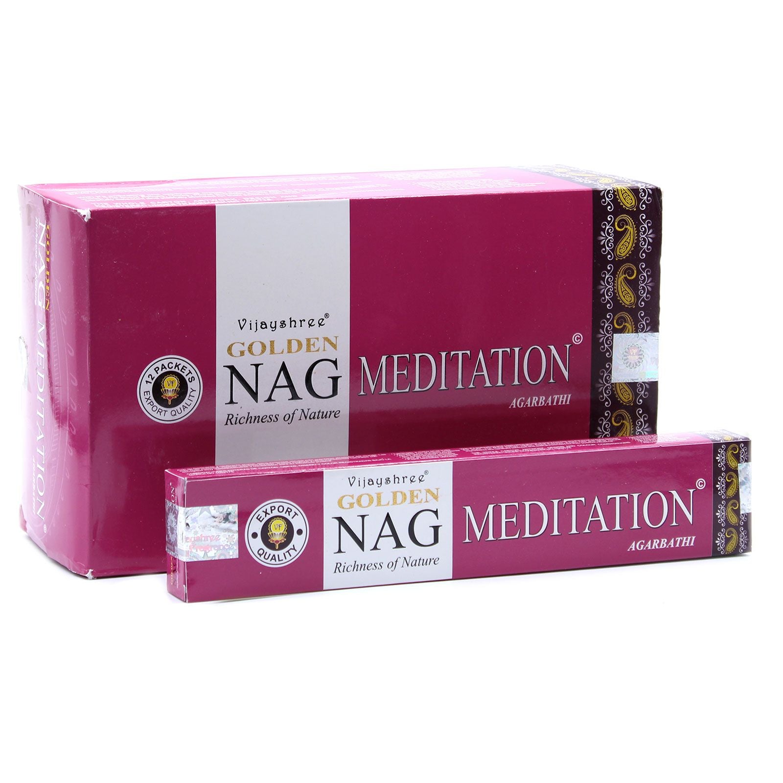 Two boxes of Golden Nag Meditation incense on a white background