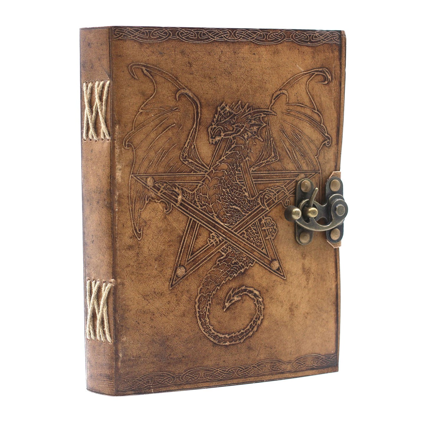 Decorative leather-bound notebook with dragon design and latch on a white background