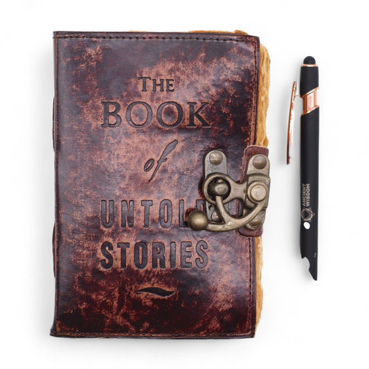 Fat Deckled Leather Notebook – The Book of Untold Stories on a white background