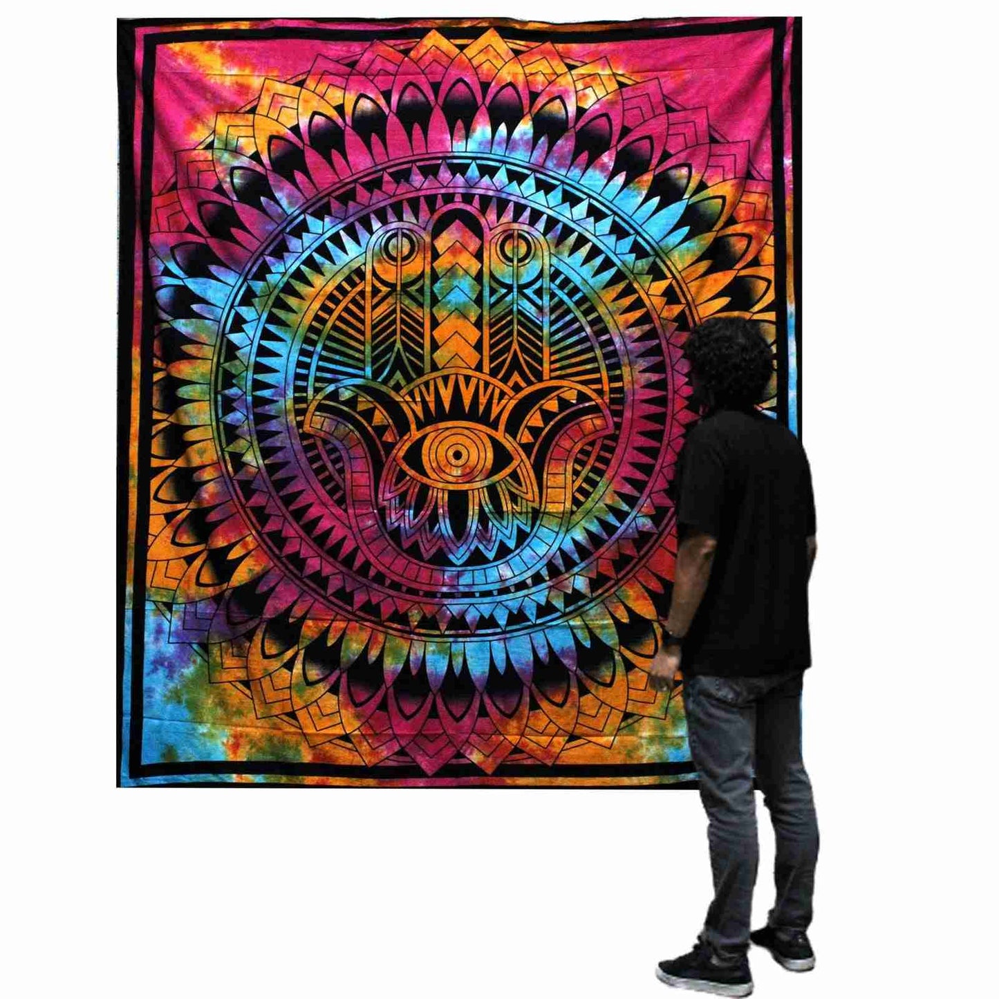 Person standing next to a Double Cotton Bedspread / Wall Hanging - Hamsa