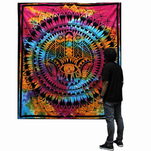 Person standing next to a Double Cotton Bedspread / Wall Hanging - Hamsa
