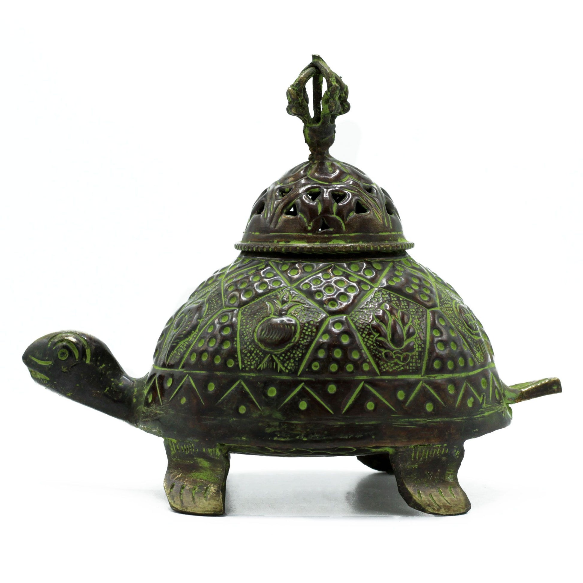Large Brass Verdigris Tibetan Turtle Incense Holder