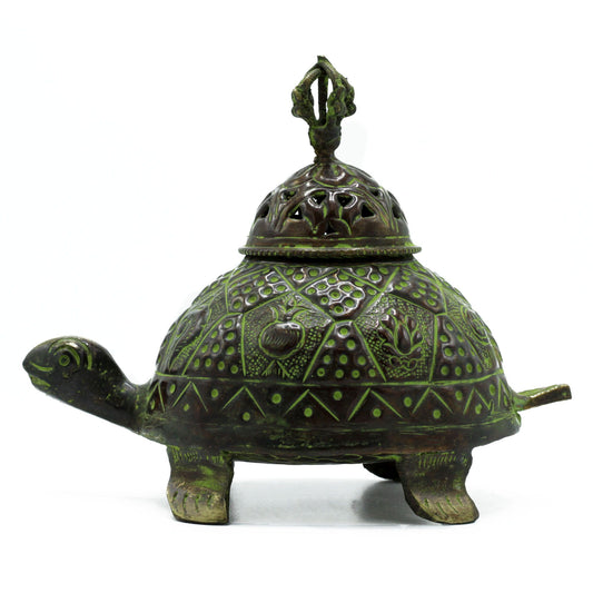 Large Brass Verdigris Tibetan Turtle Incense Holder