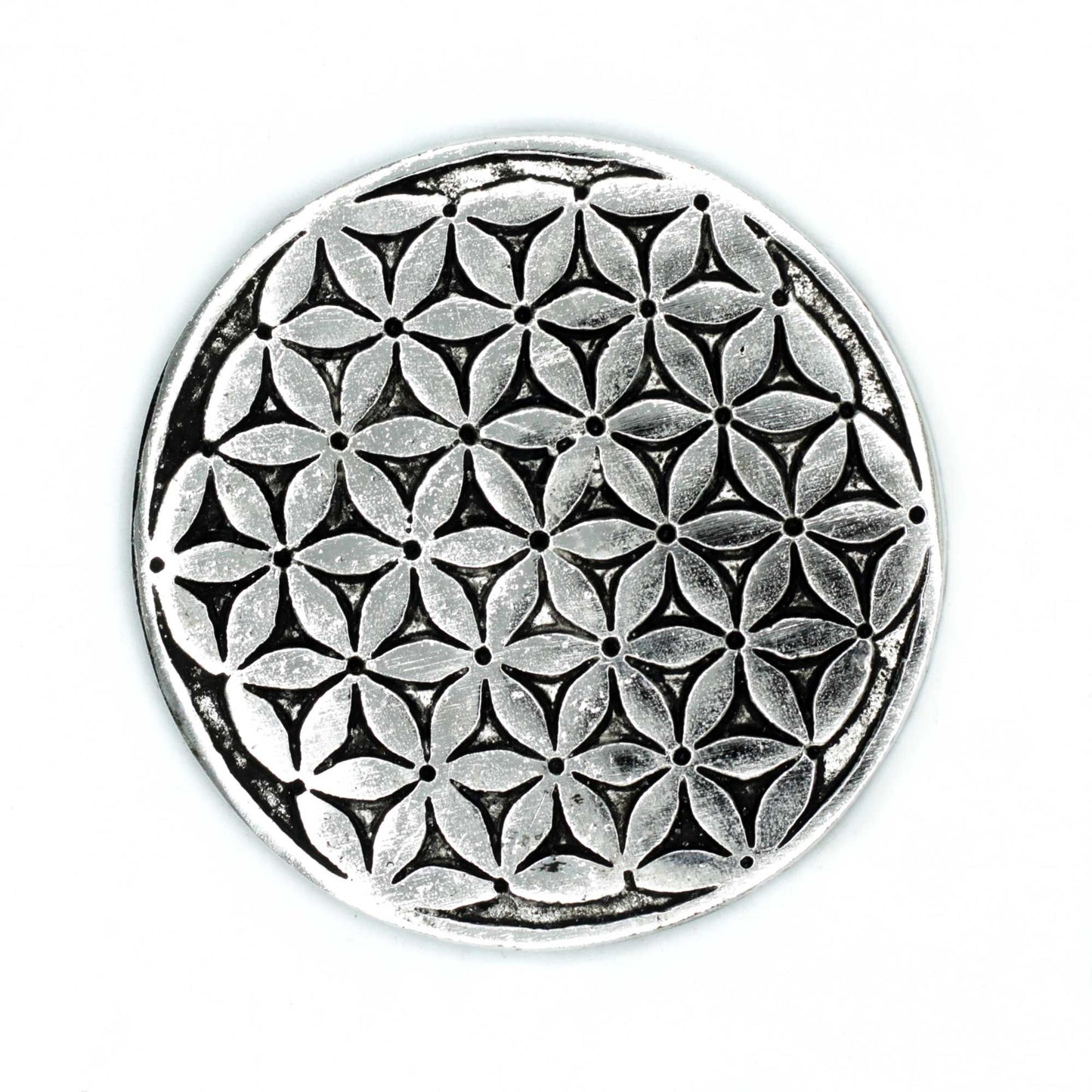 Polished Aluminium Flower of Life Incense Holder on a white background