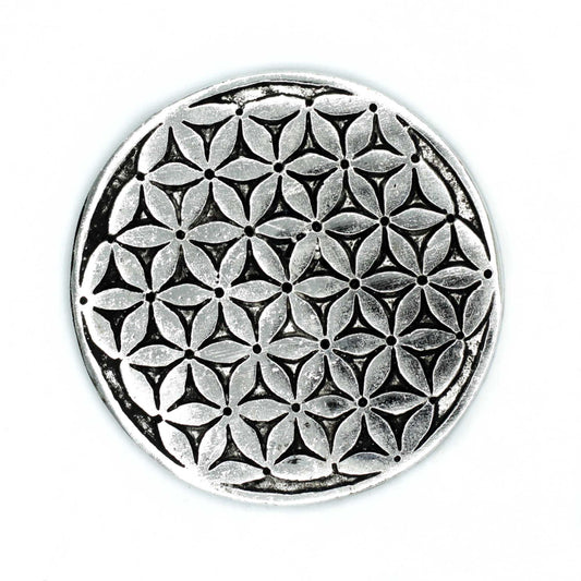 Polished Aluminium Flower of Life Incense Holder on a white background