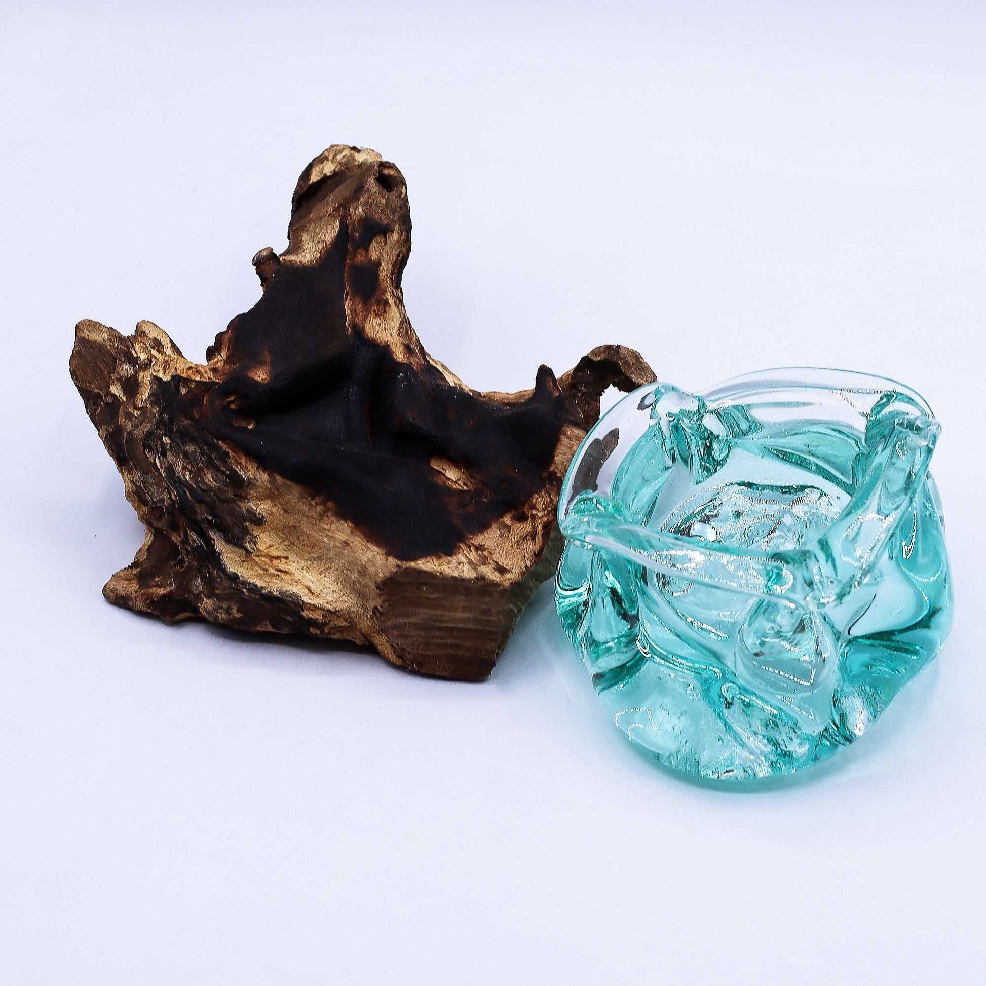 Molten Glass Chunky Ashtray / Candle Holder on Wood 23cm glass item removed