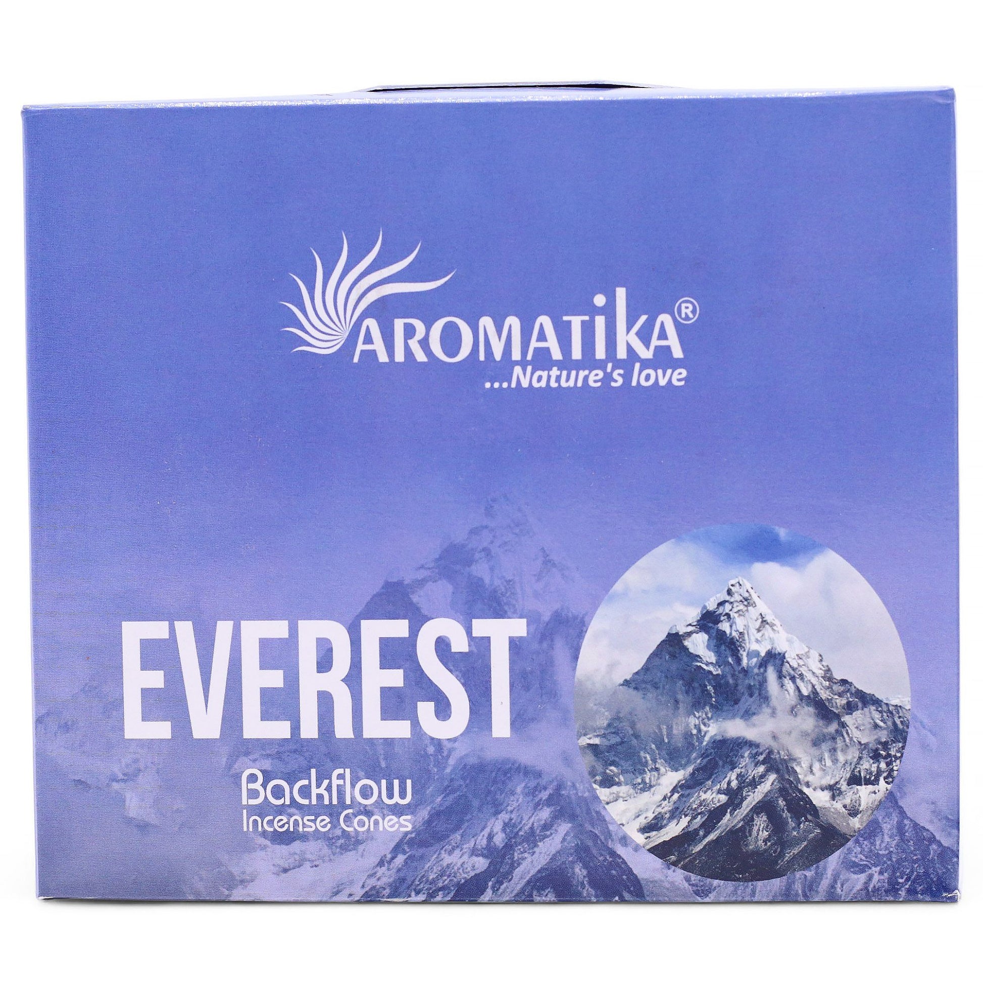Aromatika Everest backflow incense cones packaging with mountain imagery