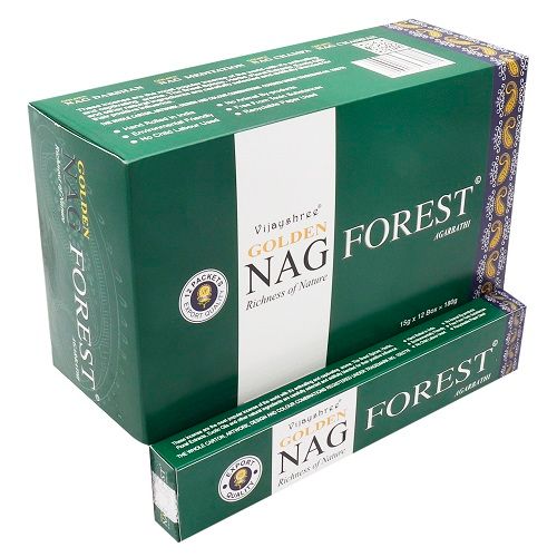 Green box of Golden Nag Forest incense with branding on a white background