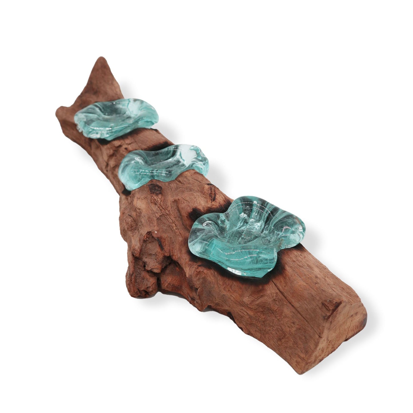 Decorative gift with turquoise molten glass on gamal wood against a white background