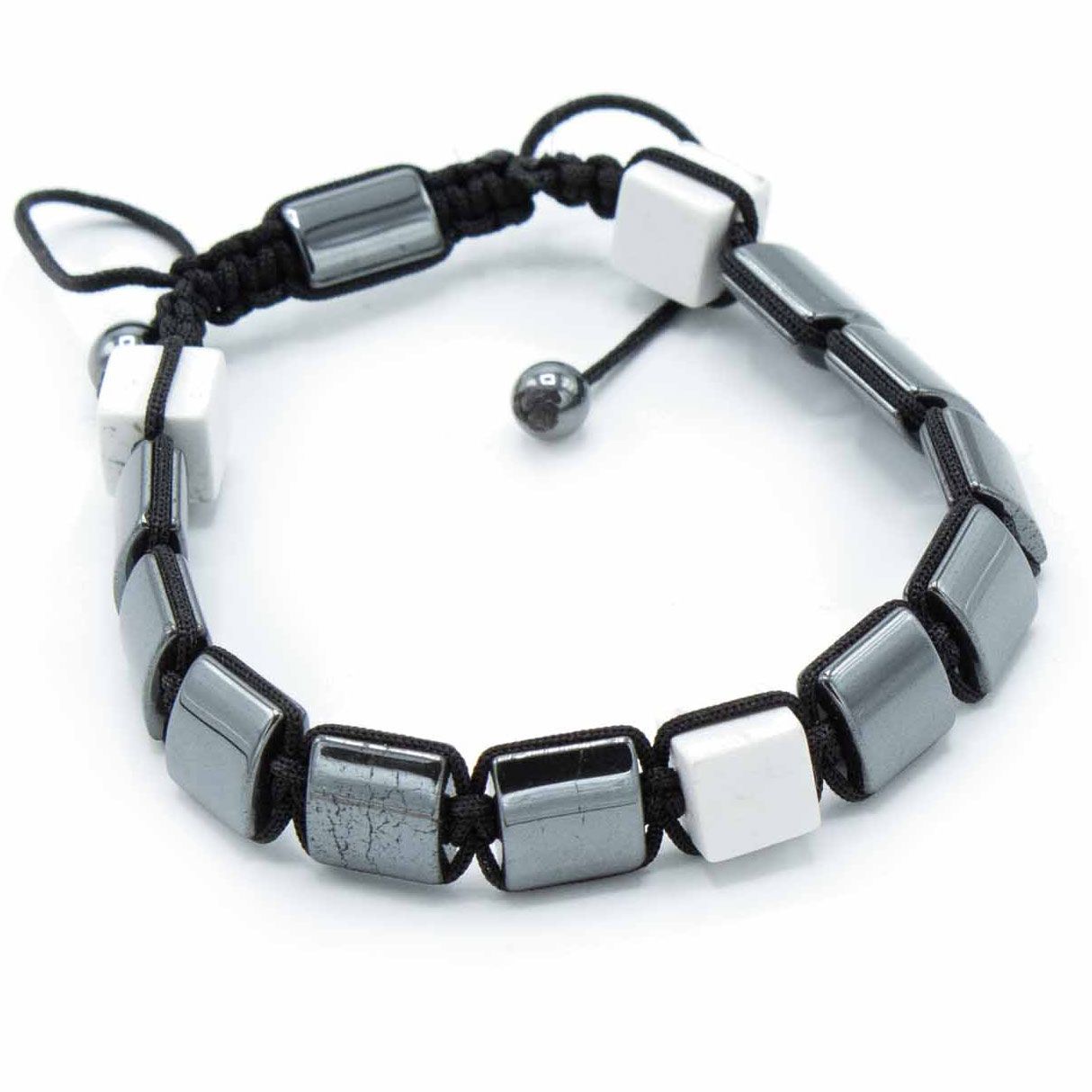 Magnetic Hematite Shamballa Bracelet -  White Jasper Cuboids, full view