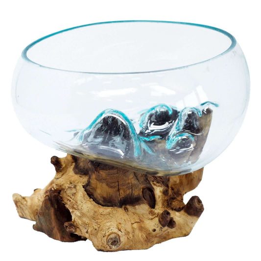 Recycled Glass Wood Decor: Molten Glass on Large Wood Bowl