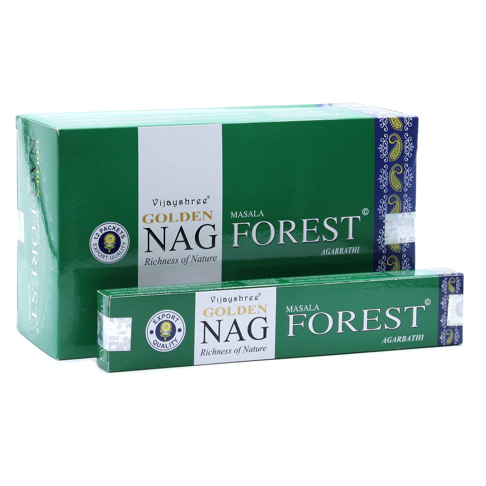 Two boxes of Golden Nag Masala Forest incense on a white background