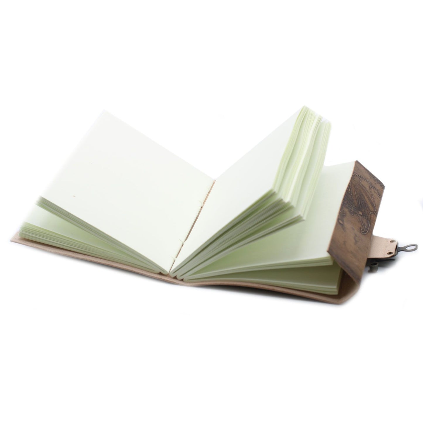 Open notebook with leather cover on a white background