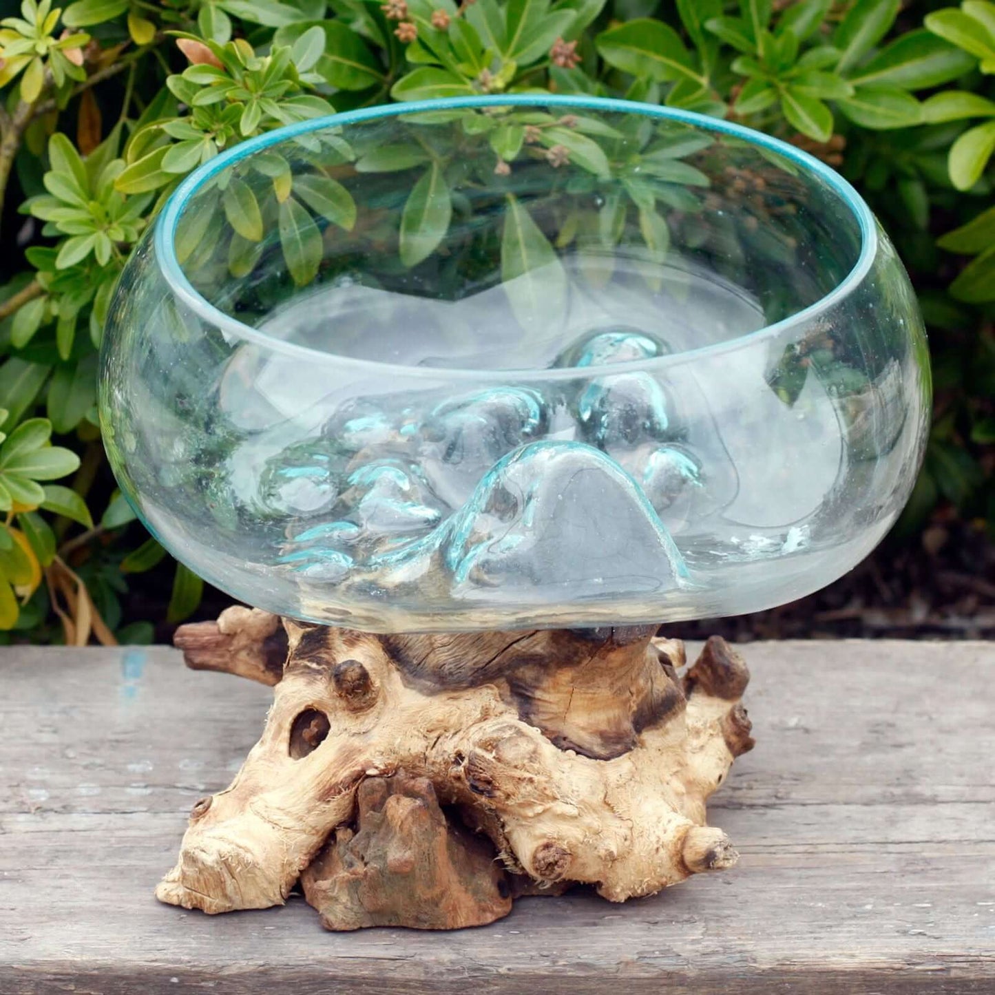 Recycled Glass Wood Decor: Molten Glass on Large Wood Bowl