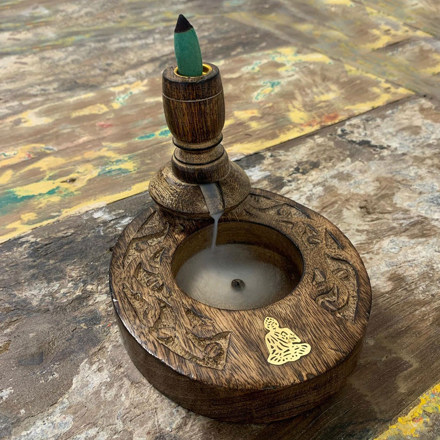 Small Mango Wood Backflow Burner - Brass Buddha, working view of smoke