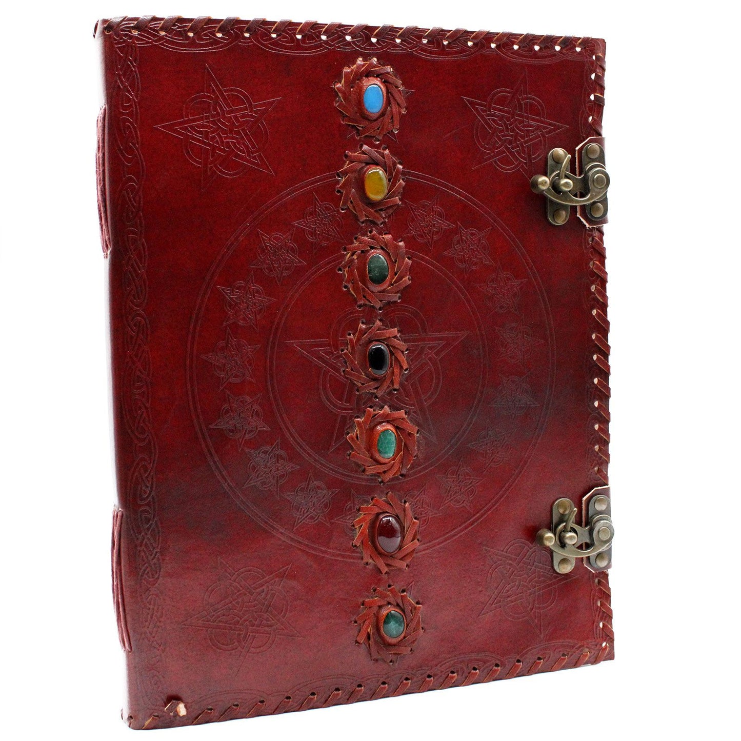 Huge 7 Chakra Leather Book with two clasps on a white background