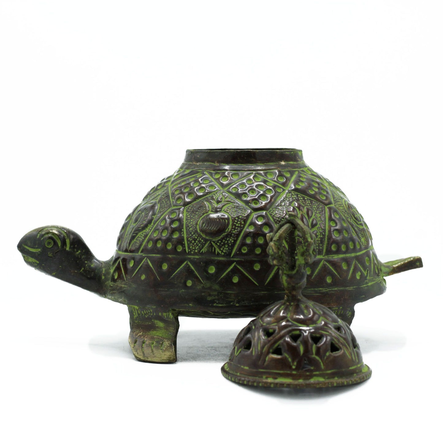 Large Brass Verdigris Tibetan Turtle Incense Holder with lid removed